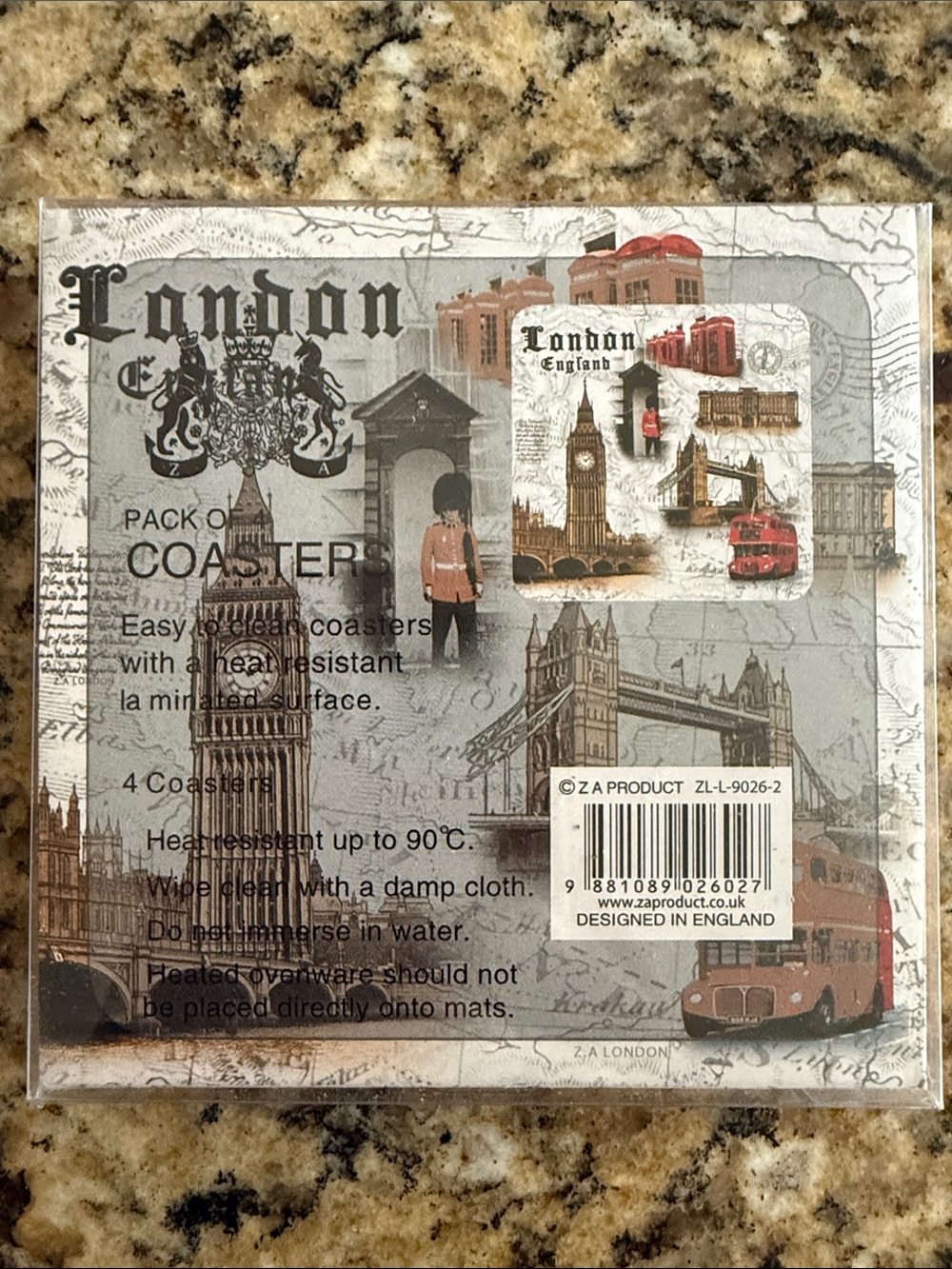 London Souvenir Coaster Set - Gray, Brown, Red Accents